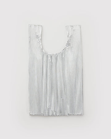 silver pleated metallic baggu bag with drawstring