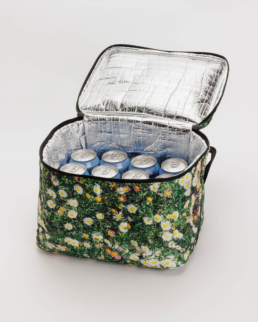 realistic daisy print puffy cooler bag with 8 cans of drinks inside