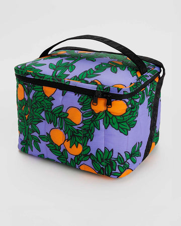 periwinkle puffy cooler with orange tree print