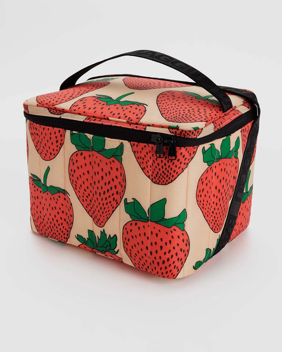 light pink puffy cooler with large strawberry print