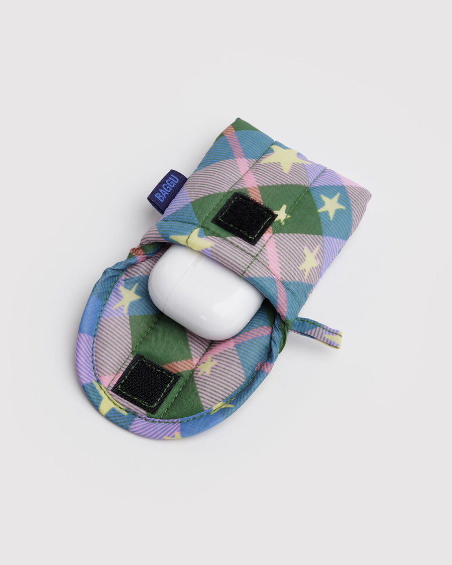 pink, green and blue plaid star earbud case with earbuds inside