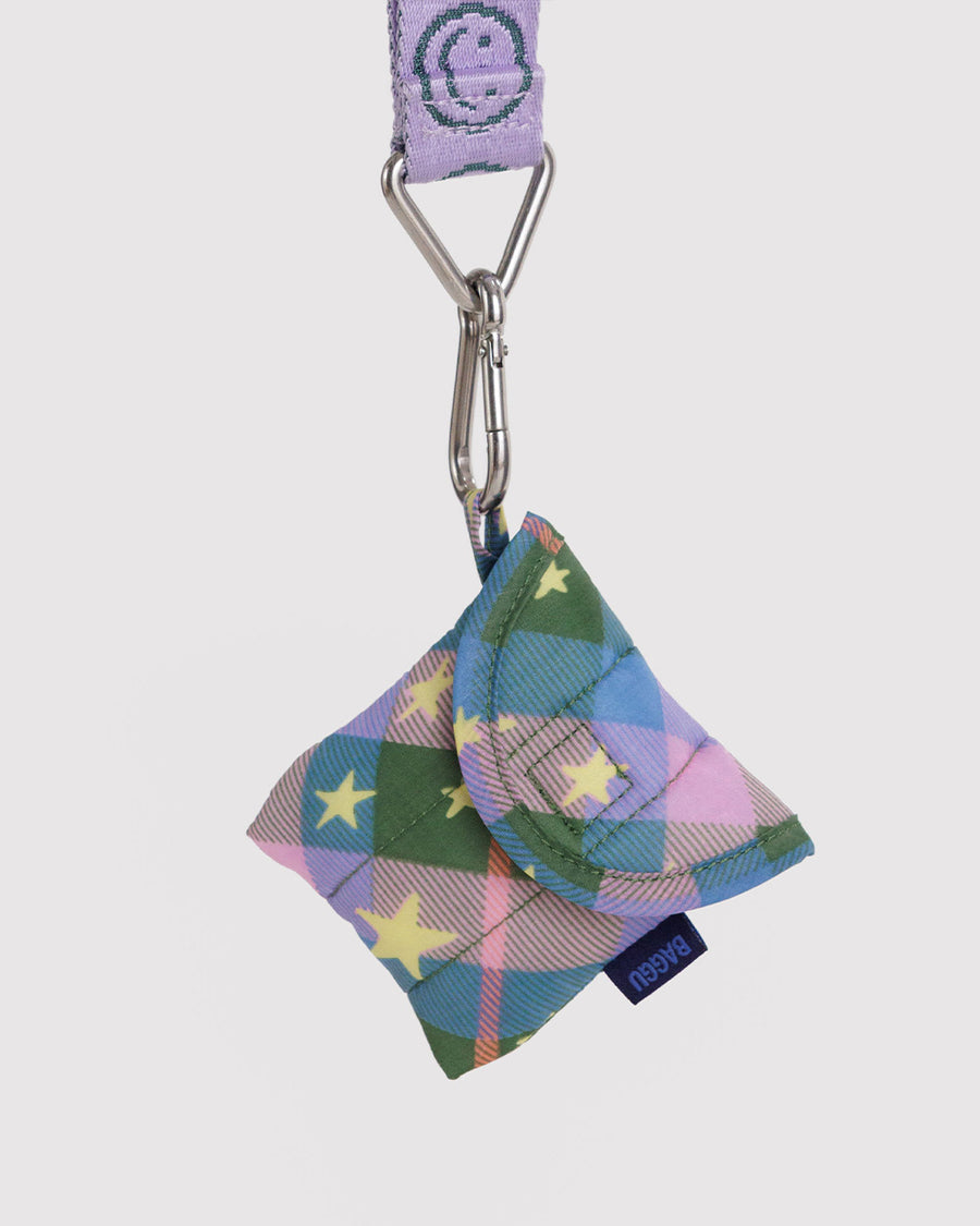 pink, green and blue plaid star earbud case hanging from lanyard