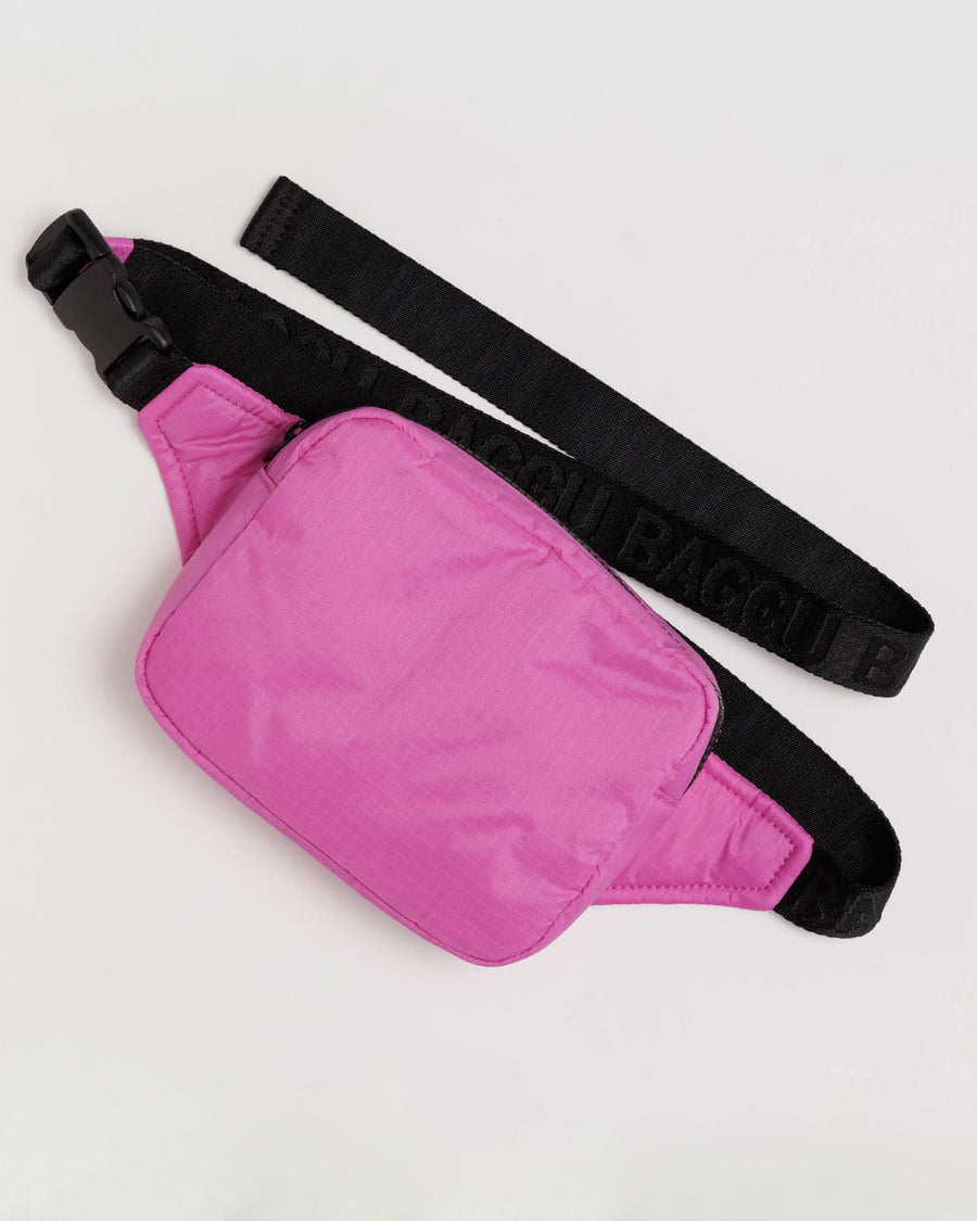 extra pink puffy fanny pack with black strap