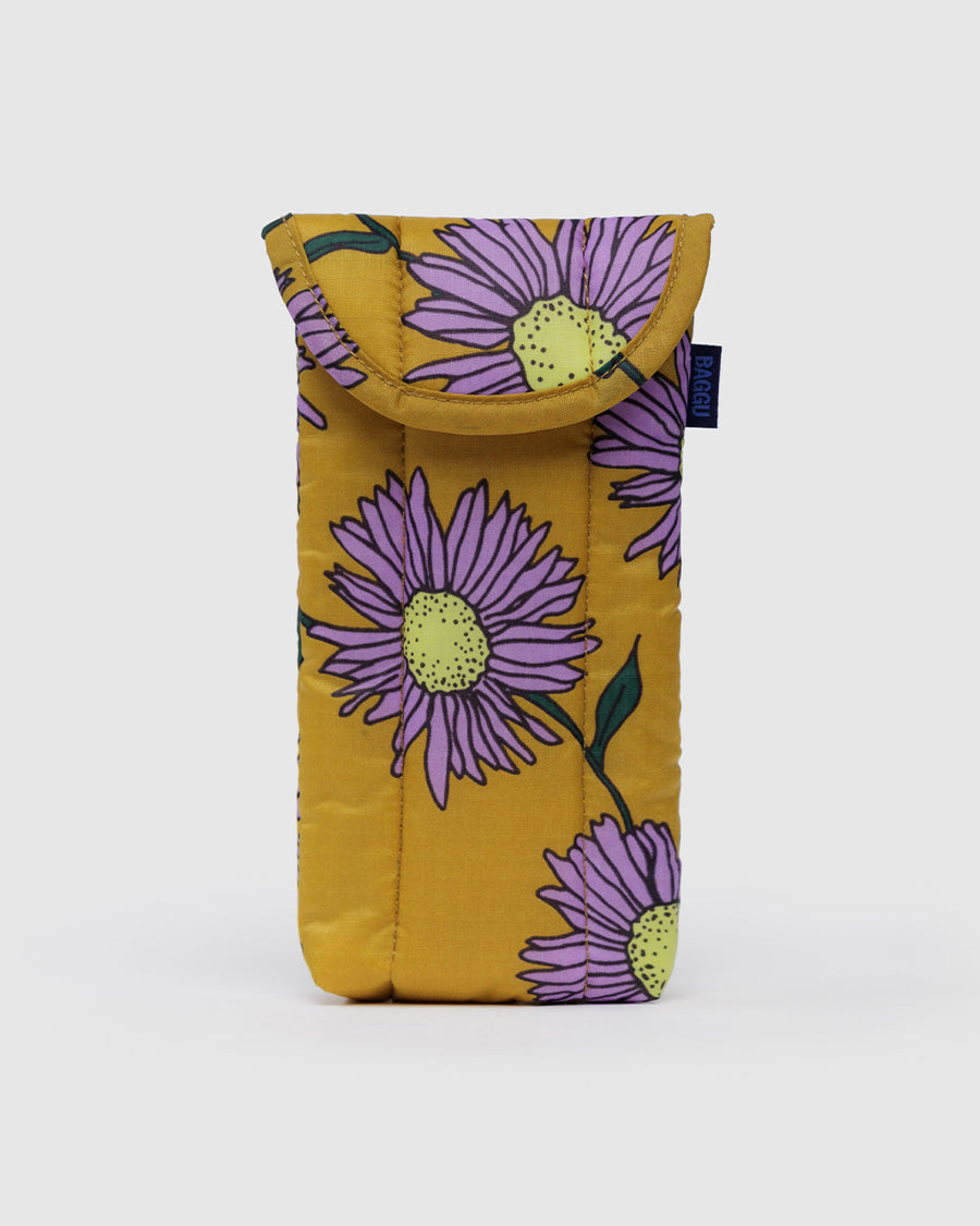 gold puffy glasses sleeve with purple wildflowers
