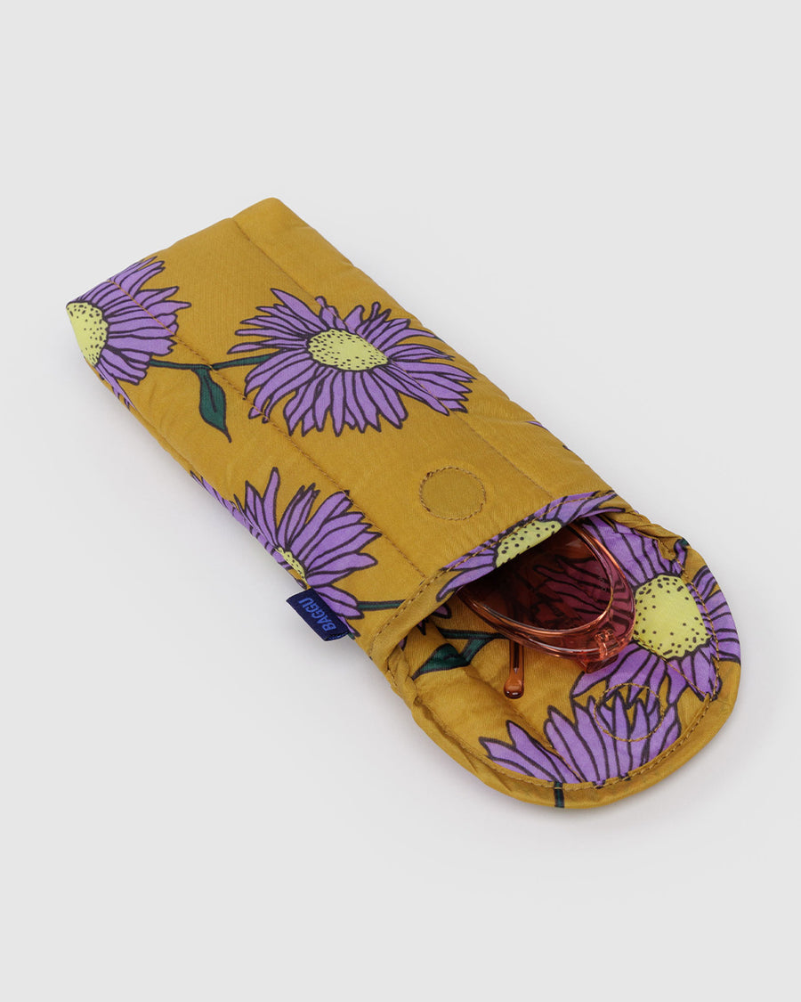 gold puffy glasses sleeve with purple wildflowers with sunglasses inside
