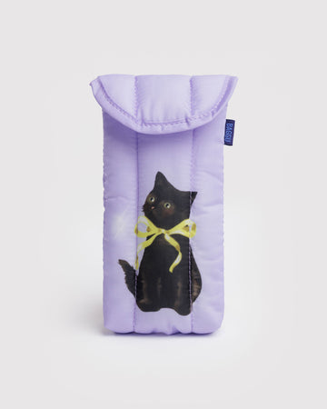 lilac puffy eyeglass sleeve with a fancy black cat on it