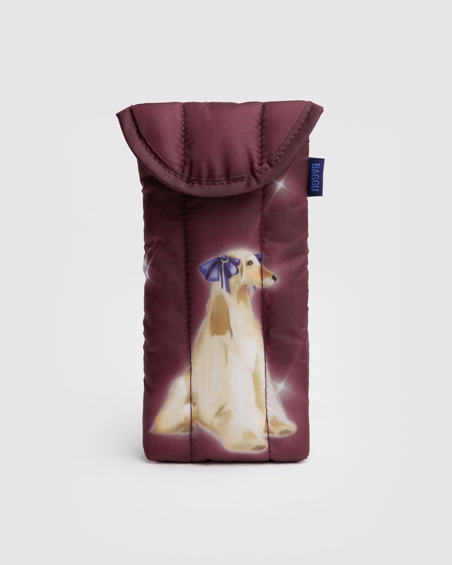 maroon puffy eyeglass sleeve with a fancy dog on it
