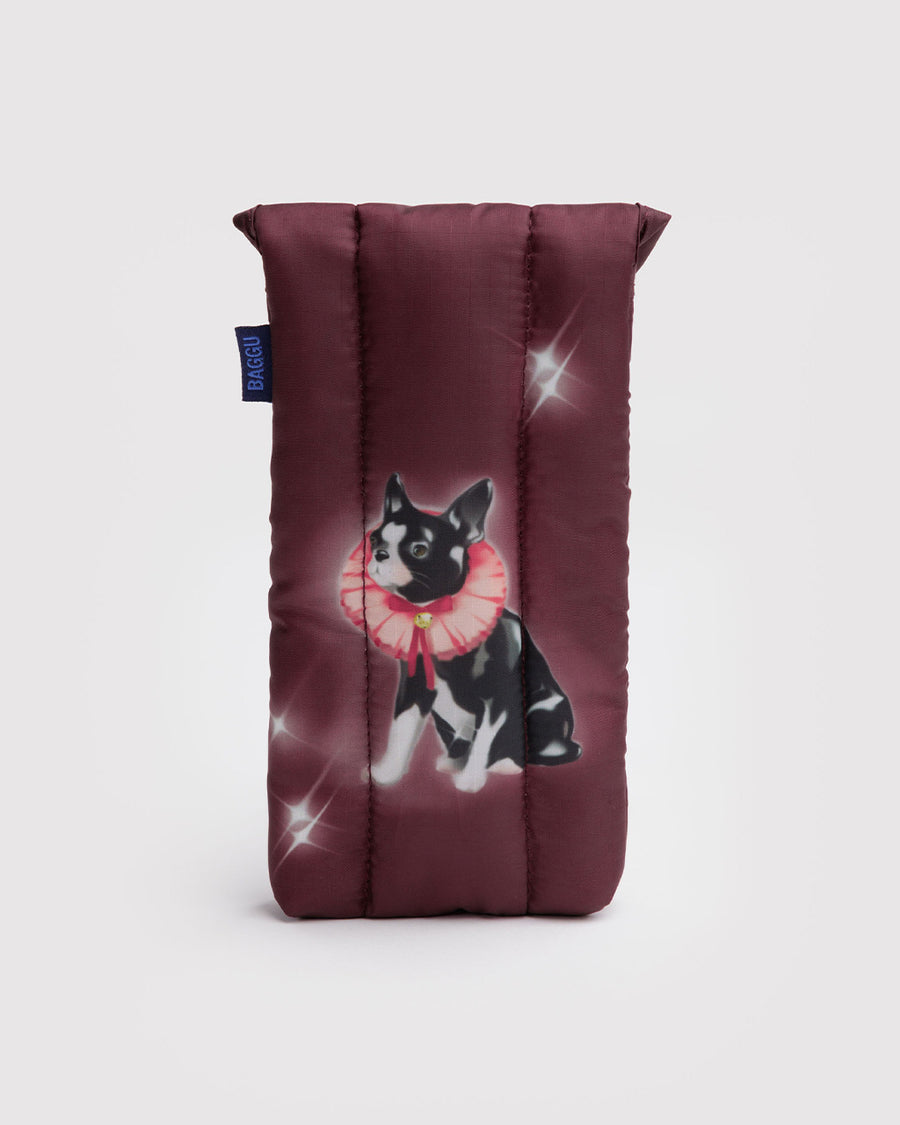 back view of maroon puffy eyeglass sleeve with a fancy dog on it