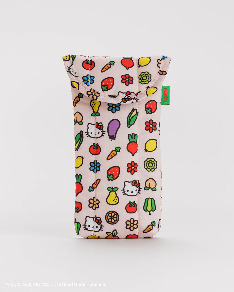 blush puffy eyeglass case with hello kitty and fruit and veggies icons