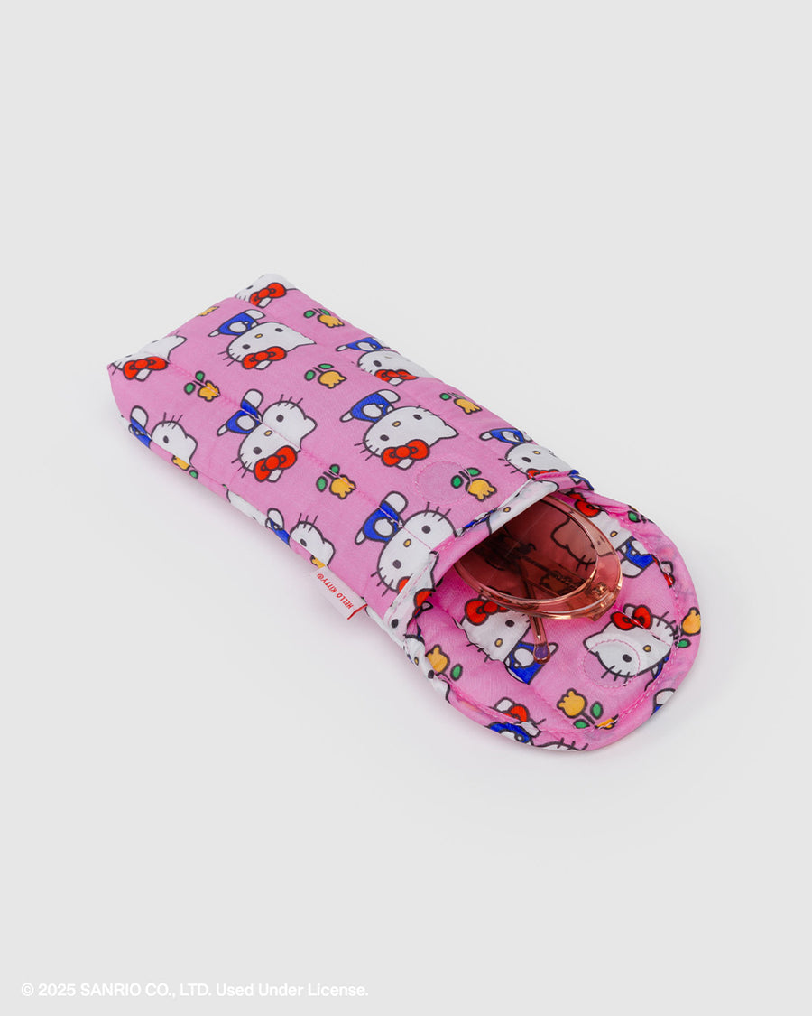 pink puffy sunglass sleeve with hello kitty and yellow tulip print with sunglasses inside