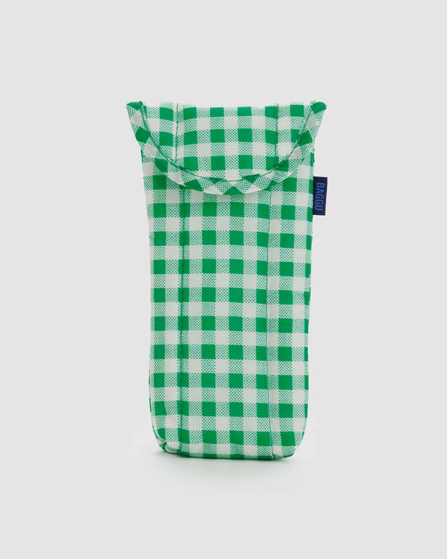 green and white gingham puffy eyeglass sleeve
