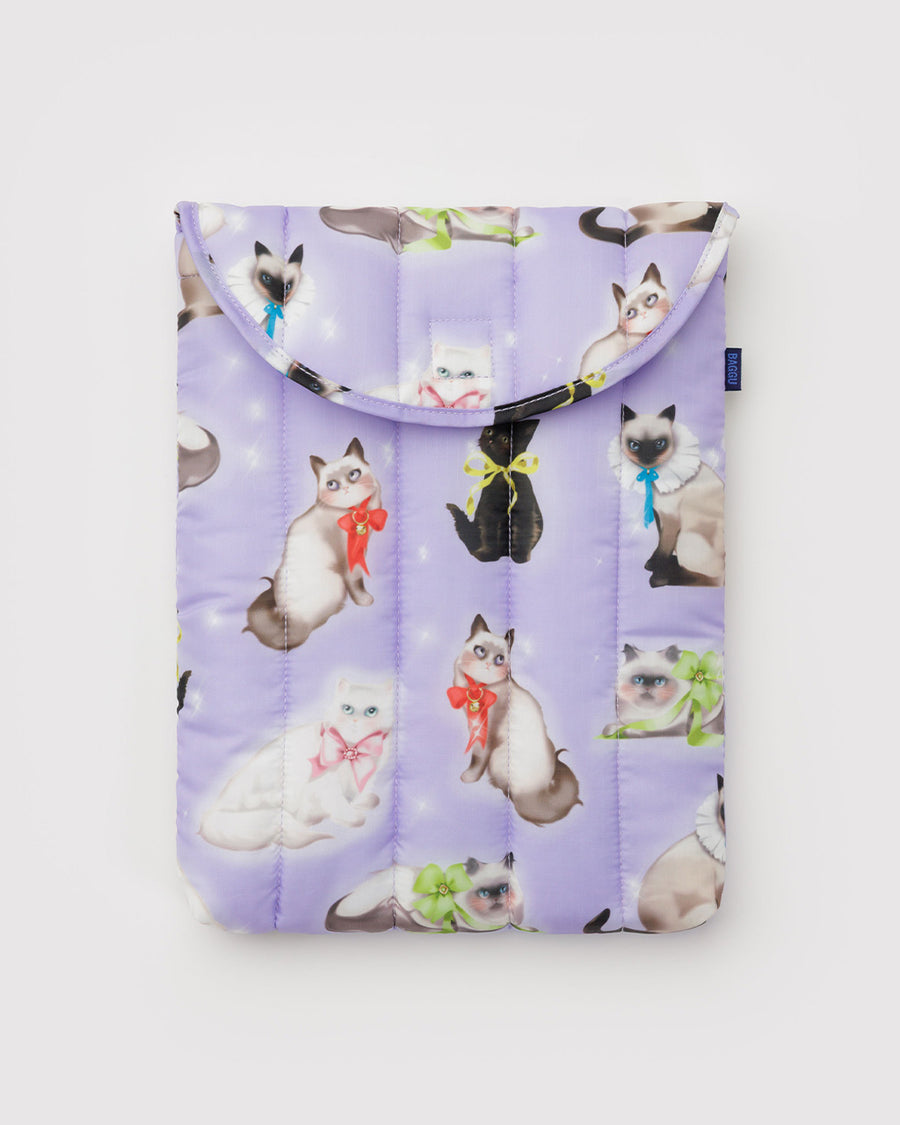 lilac 13 in. puffy laptop sleeve with fancy cats print