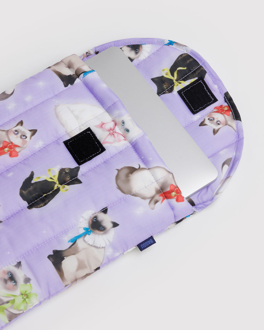 lilac 13 in. puffy laptop sleeve with fancy cats print with laptop inside