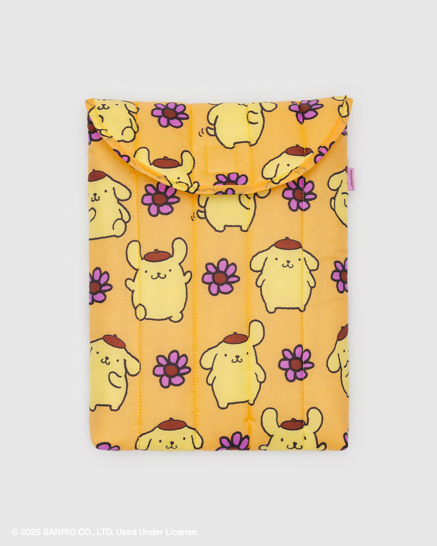 yellow 13 in. puffy laptop sleeve with  pompompurin and purple flower print