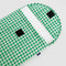 inside closure of white and green gingham puffy 16 in. laptop sleeve with laptop inside