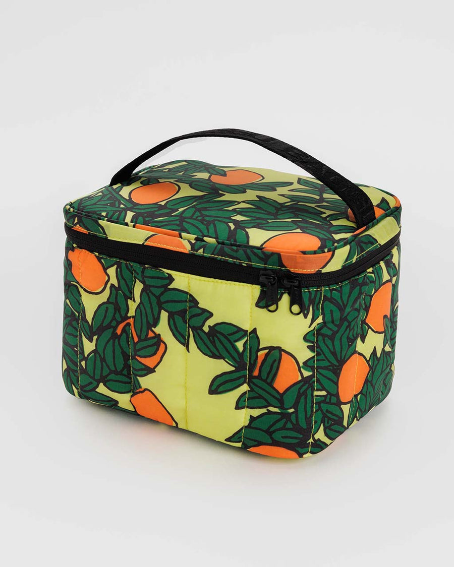 yellow puffy lunch box with orange tree print