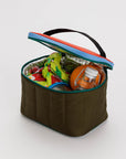 puffy lunch bag with brown, green, light blue and orange color blocking packed with lunch