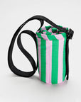 puffy water bottle sling with pink and green vertical stripes
