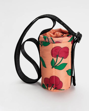 peach puffy water bottle sling with cherry print