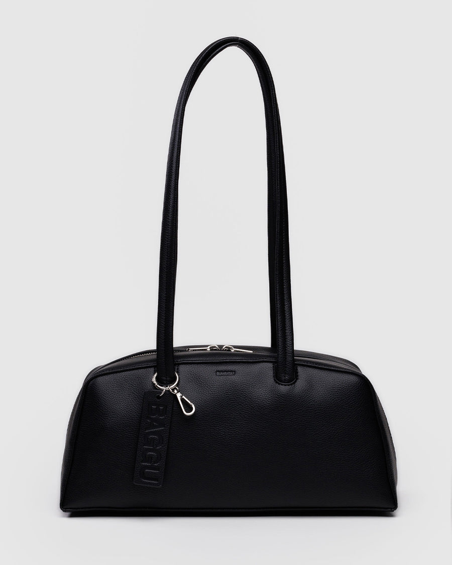 medium black recycled dome bowler bag with silver charm clasp