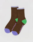 brown ribbed crew socks with periwinkle, green and purple accents
