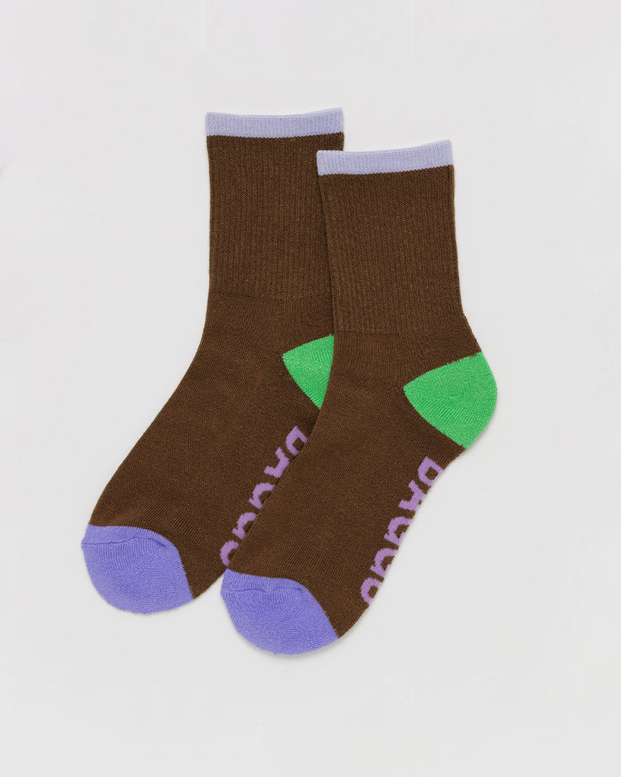 brown ribbed crew socks with periwinkle, green and purple accents