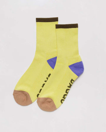 light yellow ribbed socks with black, blue and beige accents