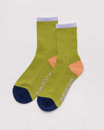 lime green crew socks with lilac, coral and dark blue accents