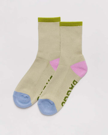 stone ribbed socks with lime green, bright pink and light blue accents