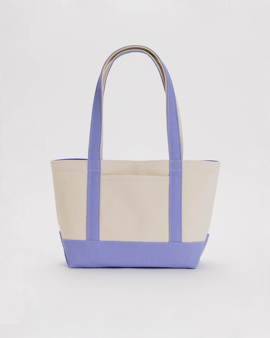 tan small boat tote with bluebell accents