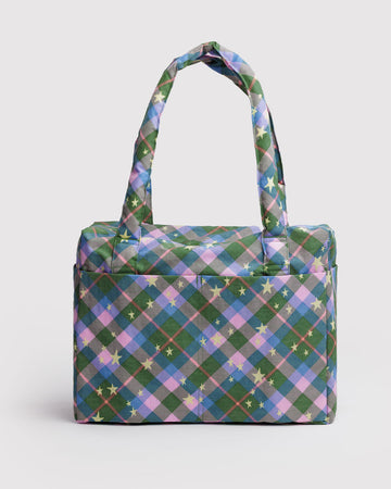 pink, blue and green plaid small carry on bag with pale yellow star print