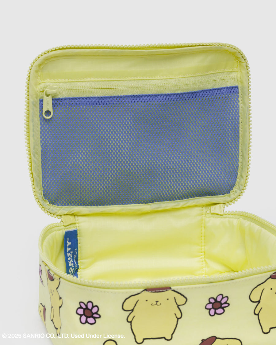 lavender interior pocket of yellow pompompurin and purple flower small cosmetic bag