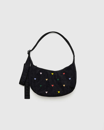 black colorful embroidered hearts small nylon crescent bag