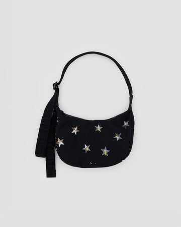 black small nylon crescent bag with silver holographic stars