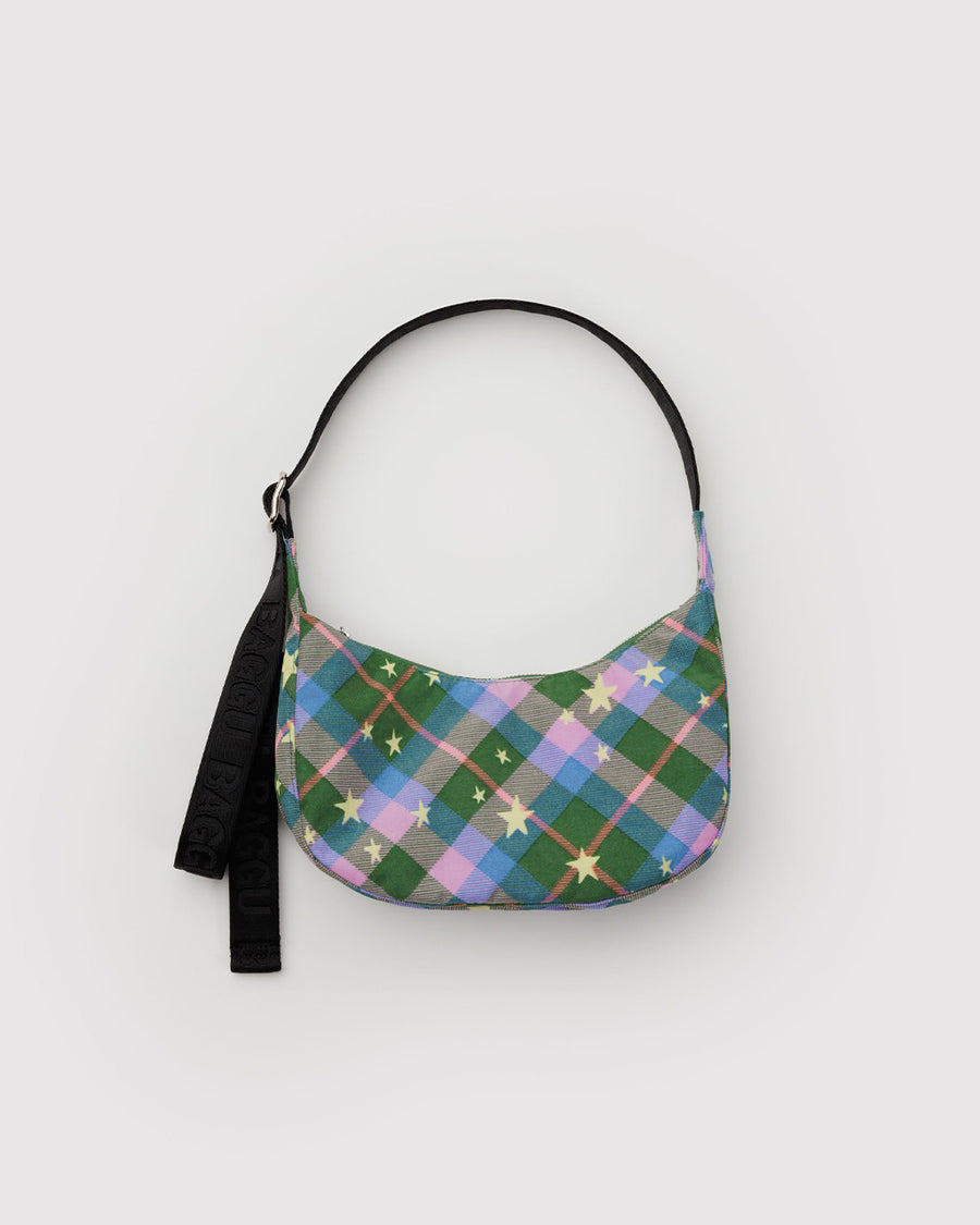 pink, green and blue plaid small crescent bag with black adjustable strap