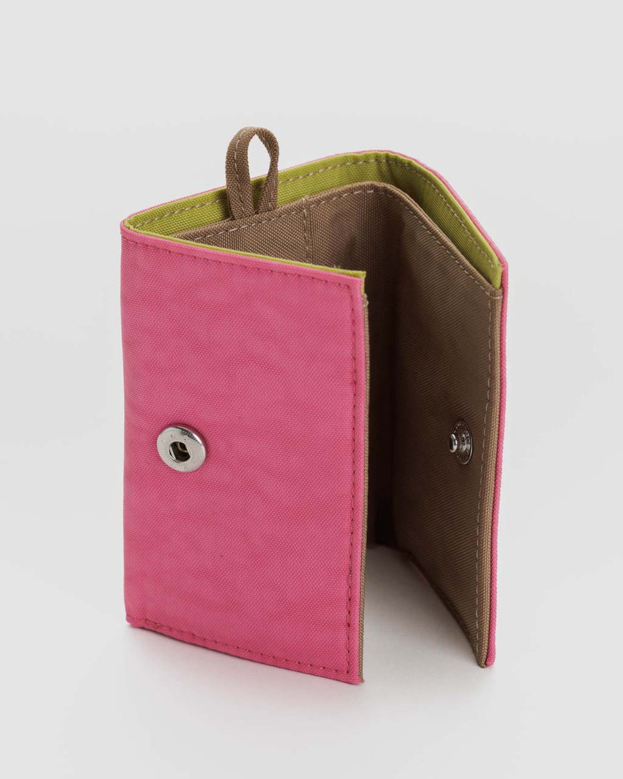 lime green and brown interior of azalea pink snap wallet