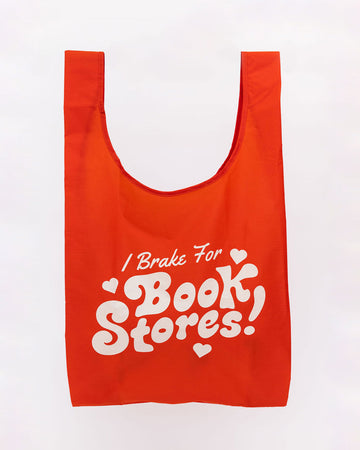 red standard baggu with white 'i brake for bookstores!'