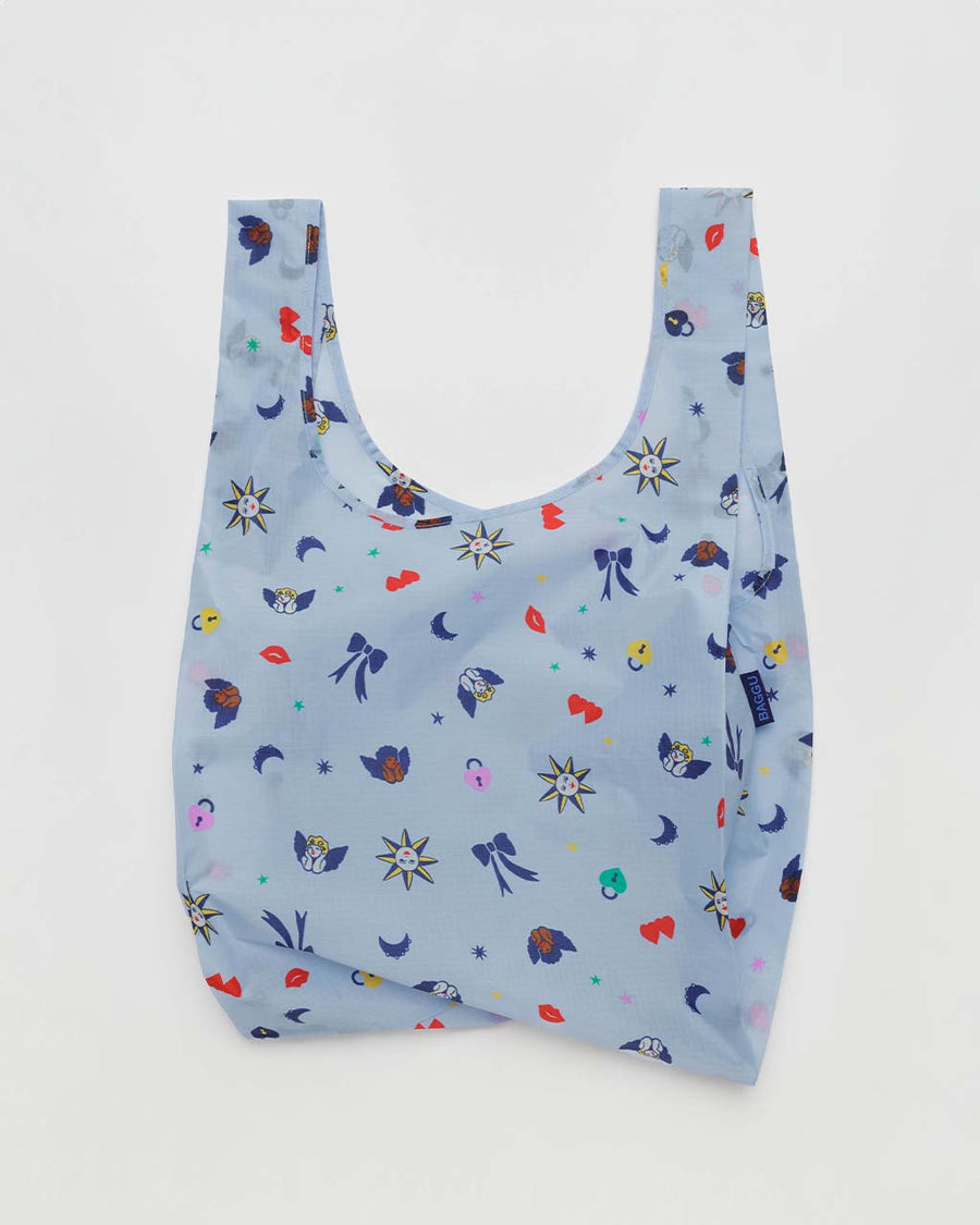 light blue standard baggu bag with cherub, sun, bow and lip print