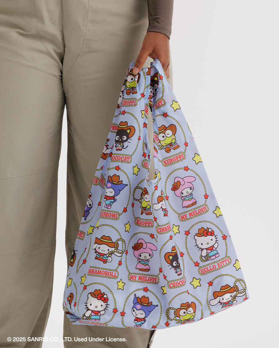 model holding light blue standard baggu with hello kitty and friends western print