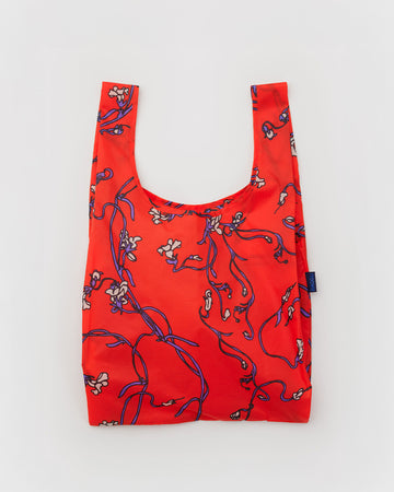 bright red standard baggu with purple snapdragon print