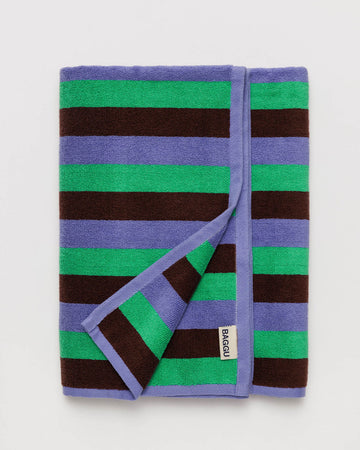 green, blue, and brown striped towel