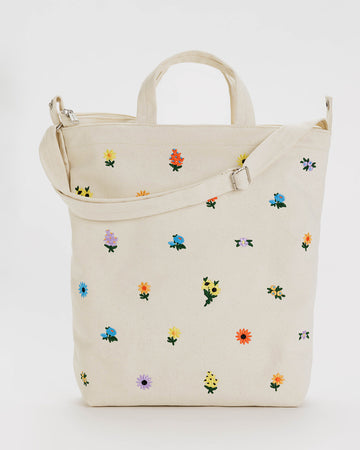 cream canvas bag with colorful ditsy floral print