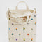 top zipper of cream canvas bag with colorful ditsy floral print