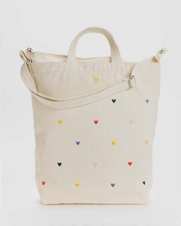 natural zip top duck bag with colorful embroidered hearts