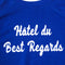 front view of royal blue sweatshirt with white 'Hotel du Best Regards' across the front