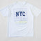 white upcycled tee with navy NYC across the front