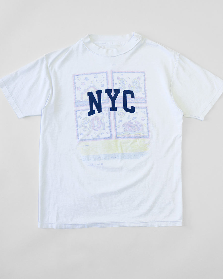 white upcycled tee with navy NYC across the front
