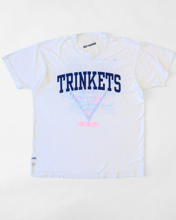 vintage white tee with navy TRINKETS across the front