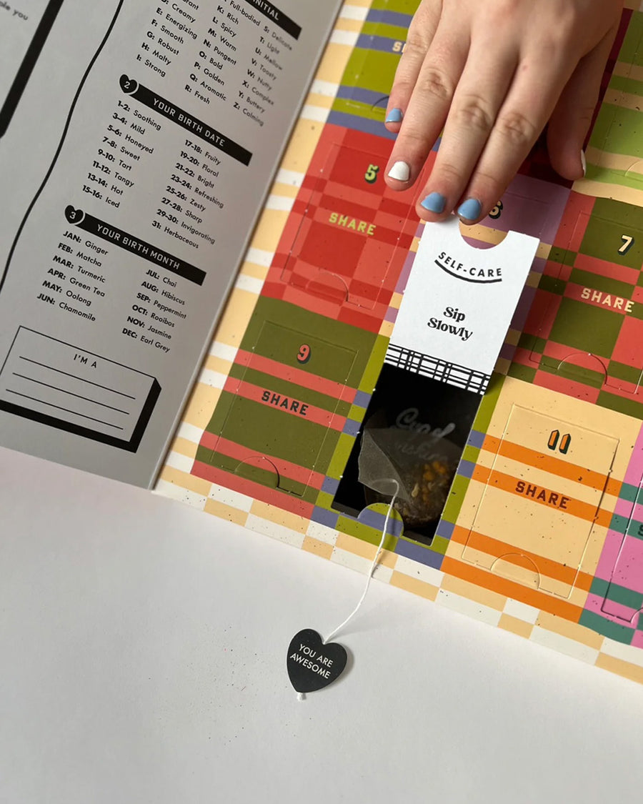 up close of tea advent box with 12 different teas to share