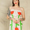 model wearing cream cropped tank top with elastic top and bottom and red abstract tulip print and matching skirt